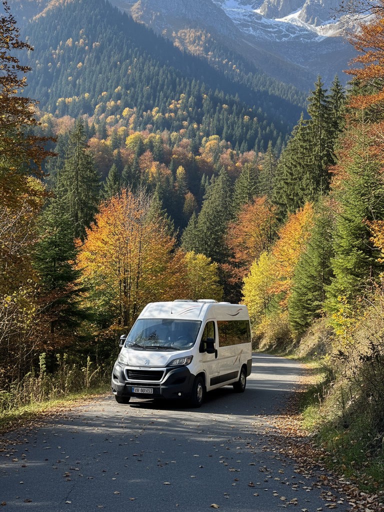 Peugeot Boxer campervan on a forest road in autumn