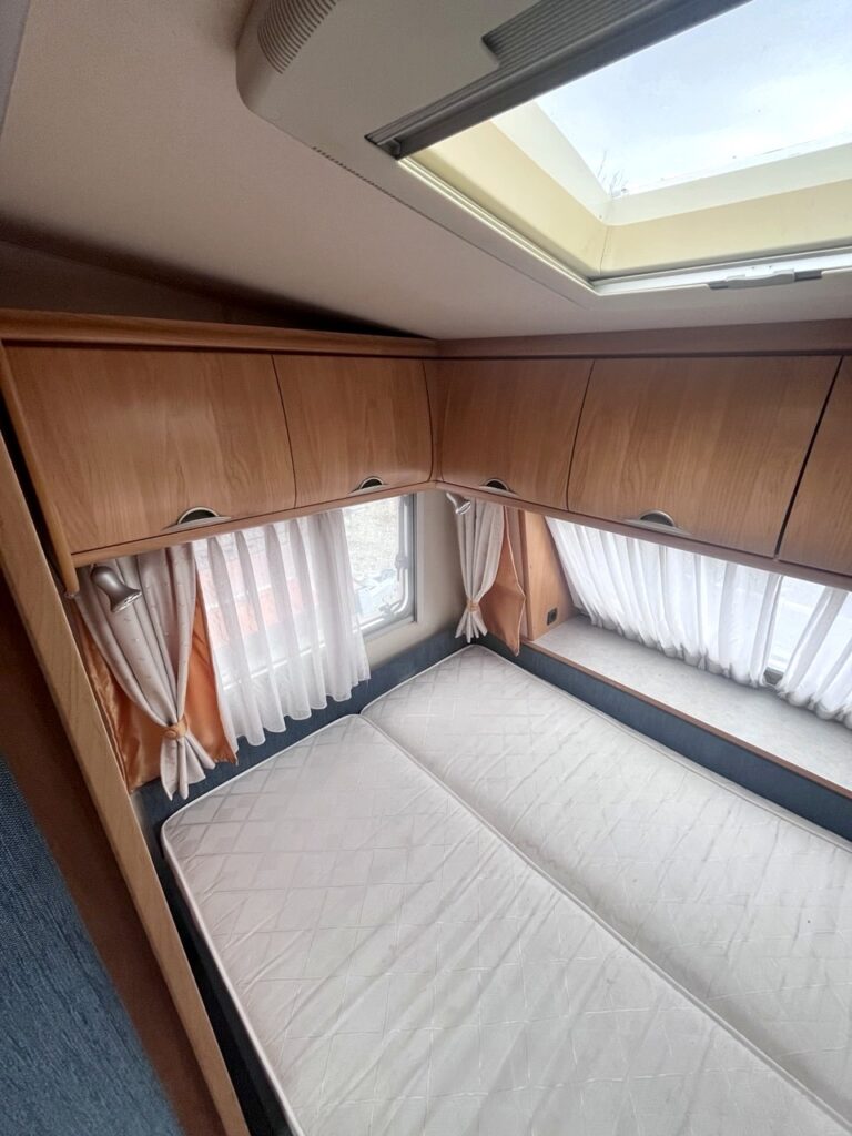 Hobby caravan double bed with roof skylight